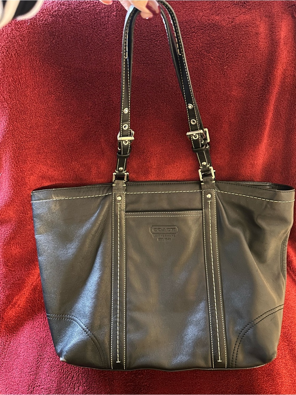 Coach Black Leather Tote with Contrast Stitching